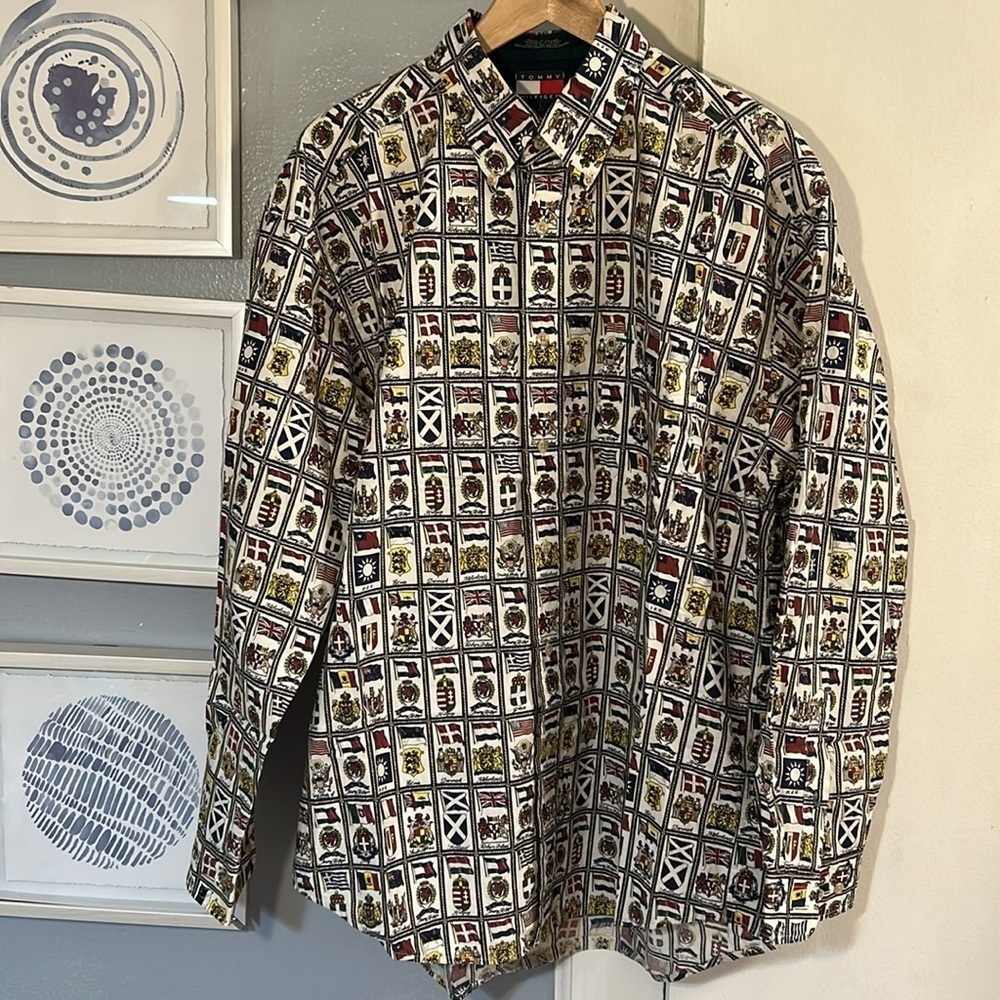 VINTAGE Tommy Hilfiger Map Print Button Up Shirt Retro All Over Print 90s Size L
